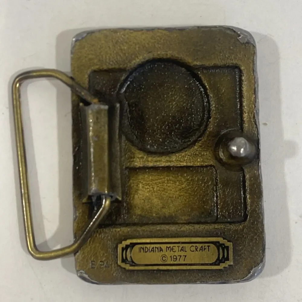 Vintage‎ Distressed Brass Belt Buckle Indiana Metal Craft Train Locamotive 2.5”